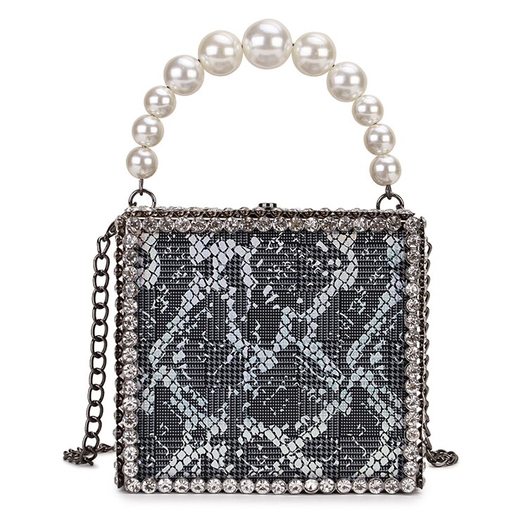 Diamant vierkante doos stijl reflecterende letter dames feest handtas schoudertas crossbody tas vrouwelijke ketting portemonnee: Slangachtig zwart