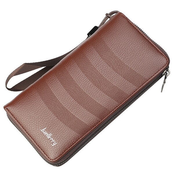 Heren lange portemonnee met meerdere clips van pu-leer met rits, telefoontasje van vintage casual, grote capaciteit portemonnee: Bruin