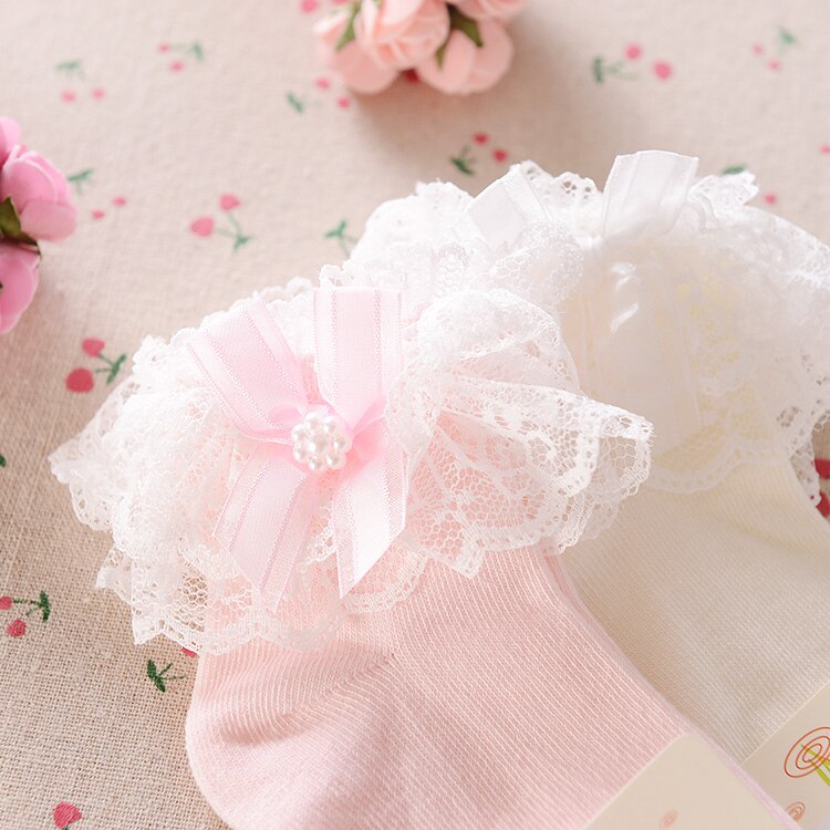 Babymeisjes 3m/6m/9m/12m/24m prinsessen kanten sokken ademend zacht gekamd katoen geplooid dubbele kant parelversiering peutermeisjes