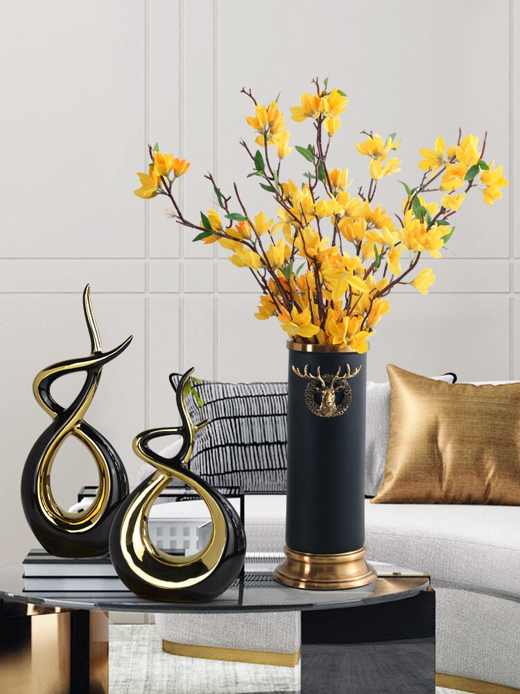 Modern Ceramic Abstract Black And Gold Silver Figu... Grandado