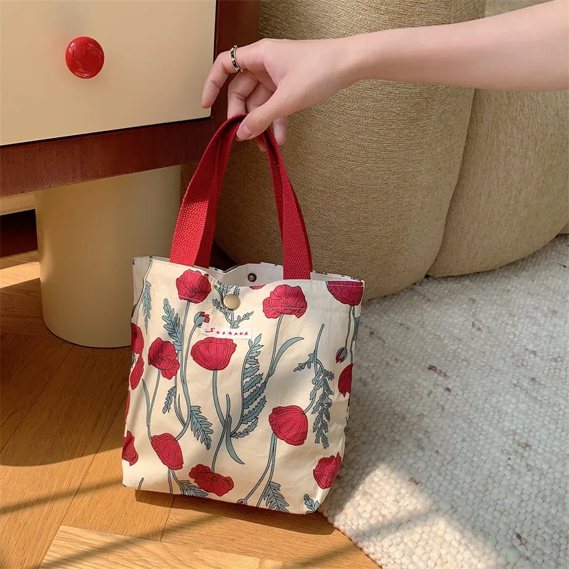 Dames Schoonheid Bloem Canvas Tas Buiten Winkelen Toilettas Telefoon Oagnzier Opbergzakken Koreaanse Doek Handtassen Lunchbox Bento Tas: Ivoor