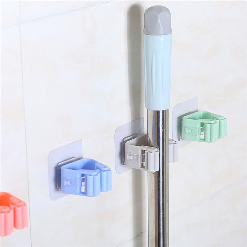 Wall Mounted Mop Holder Bathroom Toilet Lavatory Broom Mop Gripper Adhesive Wall Hanger, Green