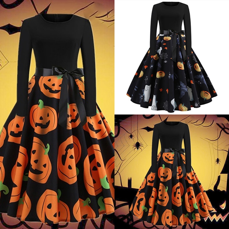 Fancy Pumpkin Printed Halloween Dress Long Sleeve Mid Length Princess Swing Dress Ladies Costume for Festival Party S-XXL