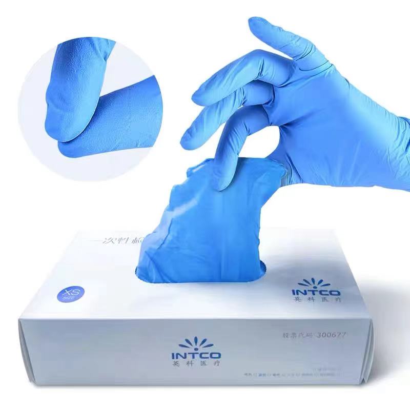 Intco nitrile gloves disposable synthetic gloves vinyl and nitrile blend blue gloves 100pcs per box en455 en374 avaliable
