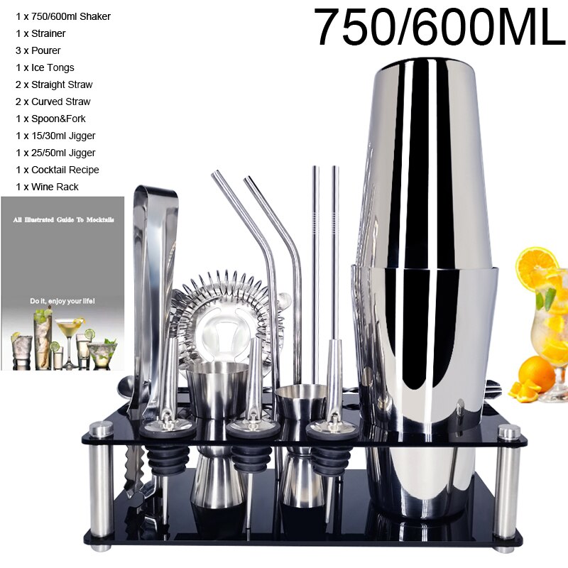 1-14 Teile/satz Edelstahl Boston Schnee Cocktail Shaker Rührgerät Trinken Barmann Werkzeug einstellen mit Gestell Rahmen Bar Cocktail Rezept: BI 15P 750600MLRACK