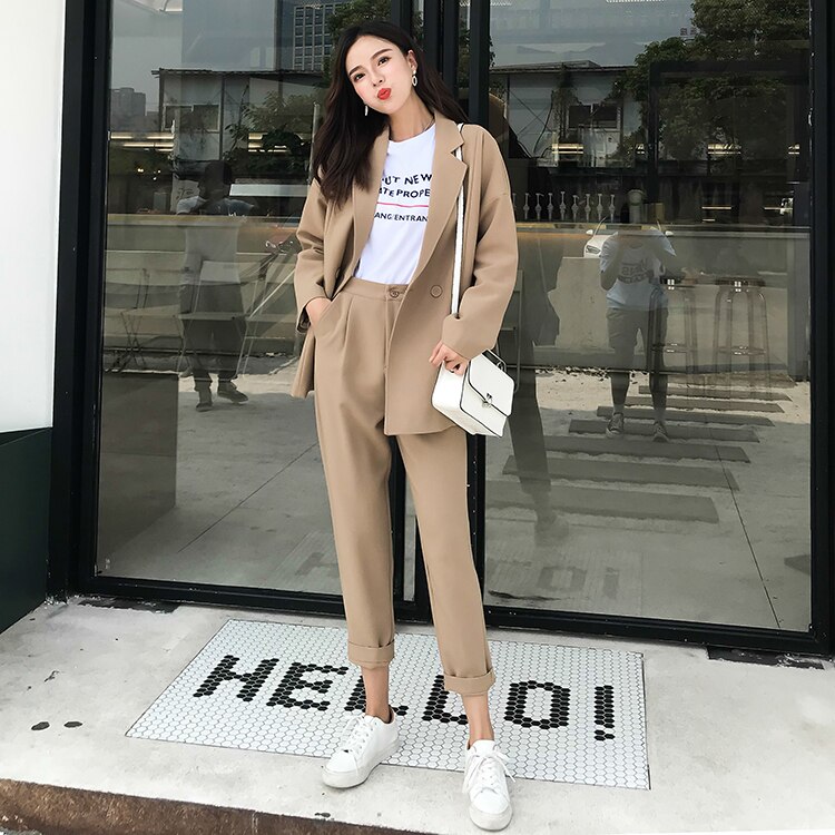 Comelsexy Autumn Winter Khaki Women Pant Suits Double Breasted Pocket Notched Blazer & Pant Office Wear Suit Female Set