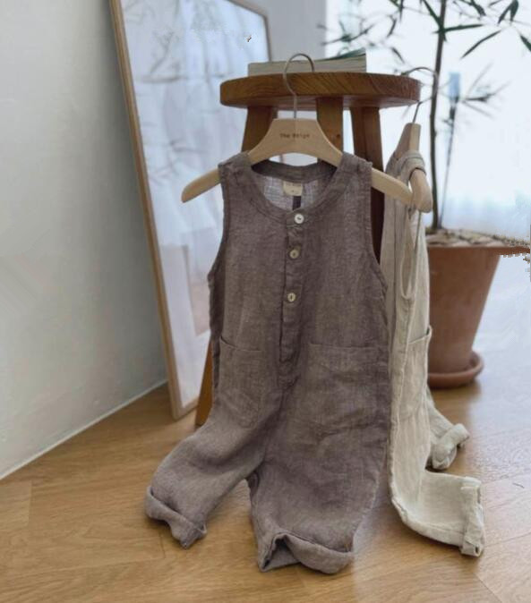 Mono japonés de verano para niños, ropa de algodón y lino con bolsillos y hebilla de una pieza, informal, a la ,