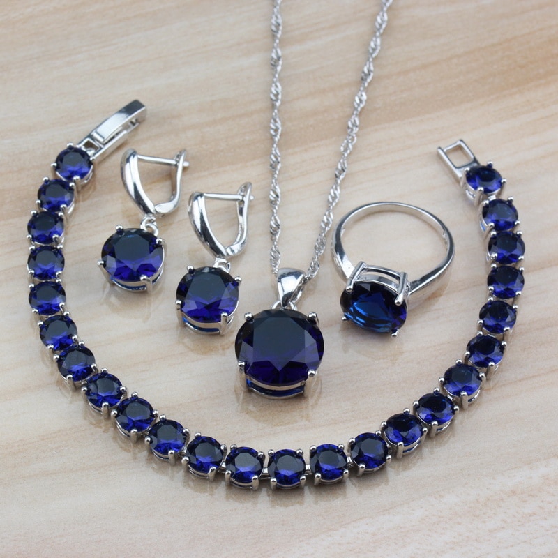 Zilveren kleur met natuurlijke stenen cz ronde blauwe sieraden sets voor dames kostuumaccessoires en gratis sieradendoosje