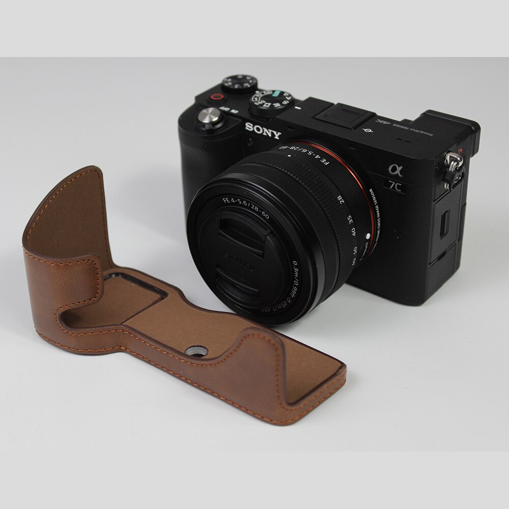 Housse de sac d'appareil photo Portable en cuir pour SONY A7C demi-coque de Base avec ouverture de la batterie: Coffee Color