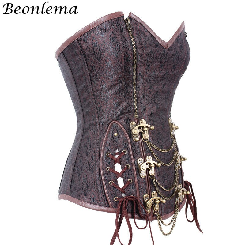 Beonlema steampunk korset vintage overbust korselet bustiers metal spænde kæde punk retro tøj brun 6xl corsage