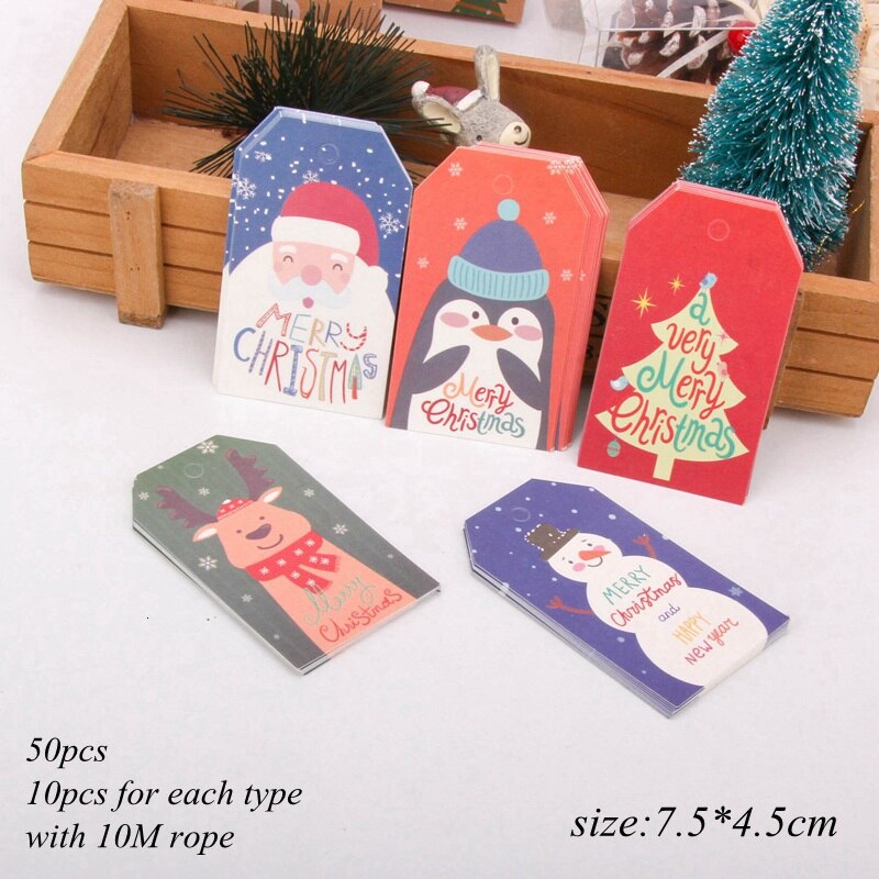 50 stuks/partij vrolijke kerstpapieren labels met touw diy knutselkaarten kerstfeest hangende labels inpakbenodigdheden huishoudelijke artikelen: 50 stuks kleurrijk