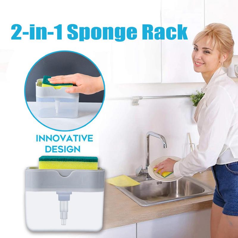 2in1 Keuken Detergent Druk Type Zeepdispenser Spons Dispenser Wassen Zeep Opbergdoos Keuken Afwasborstel Huis Schoon