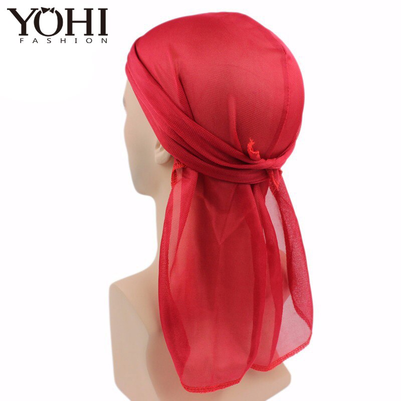 Satin Durag men Stretched Cap Hip Hop Du Doo Rag Hat Tie Down tail for men hair accessori hair accessories: Red