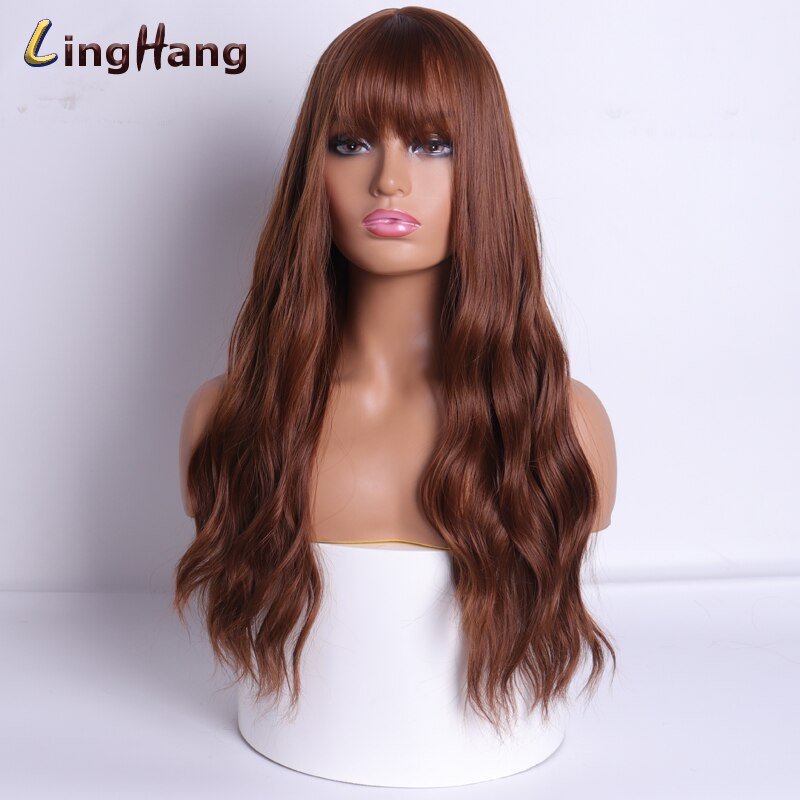 LING HÄNGEN Lange Wellig frauen Perücke 24-Zoll Synthetische Braun Haar Mit Pony Natürliche Wellenförmige Hohe Temperatur Faser perücke: YaMaZong
