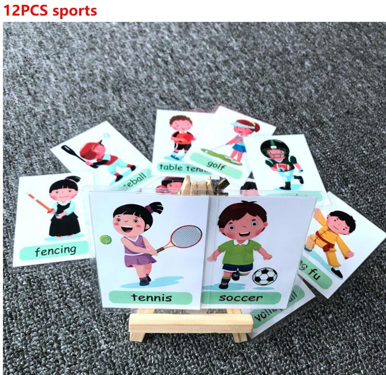 Kids Montessori Baby Learn English Word Card Flashcards Cognitive Educational Toys Picture Memorise Games For Children: 12pcs sport