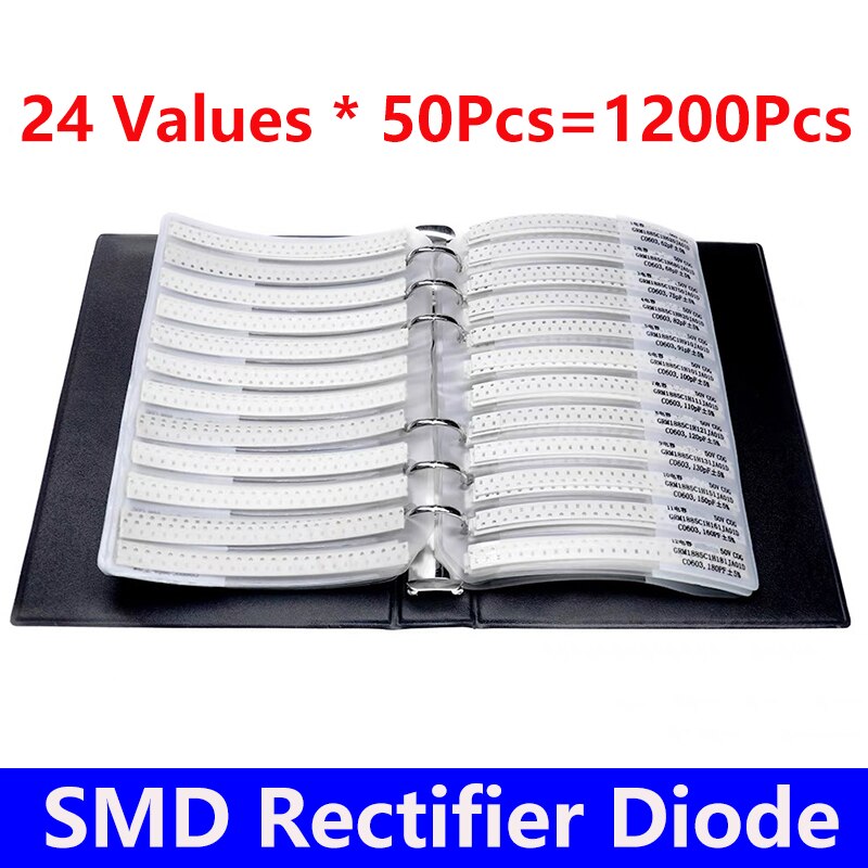 1200Pcs Rectifier Diode Sample Book SMD SMA Assortment Kit 24 Values Schottky diodes M1 M4 M7 SS12 SS14 SS16 SS36 SS110 SS210