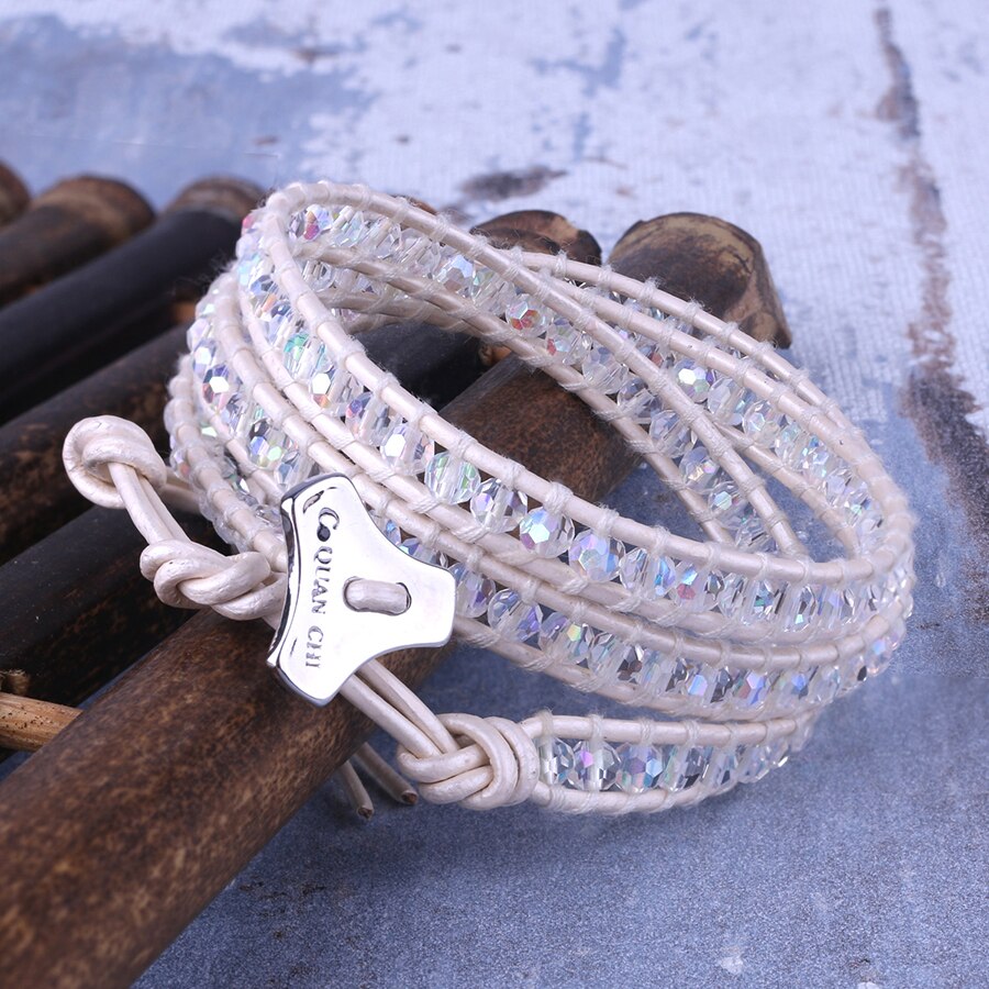 Bohemian Leather Wrap Bracelet Handmade Woven Braided Bracelets White Crystal Beads Women Jewelry Adjusatble Yoga Cord