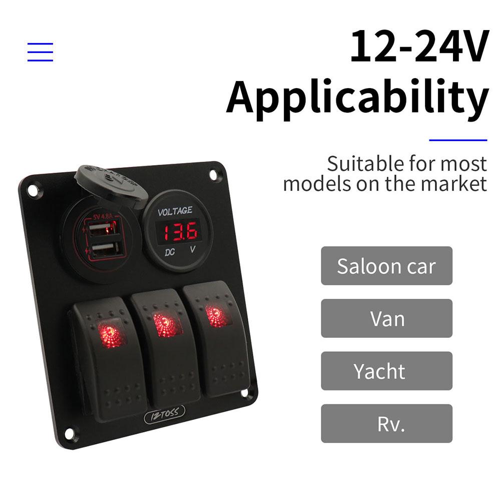 3 Gang 12V/24V Inline Fuse Box LED Switch Panel Dual USB Car Boat Truck Camper Digital Voltage Display Blue/Green LED Light