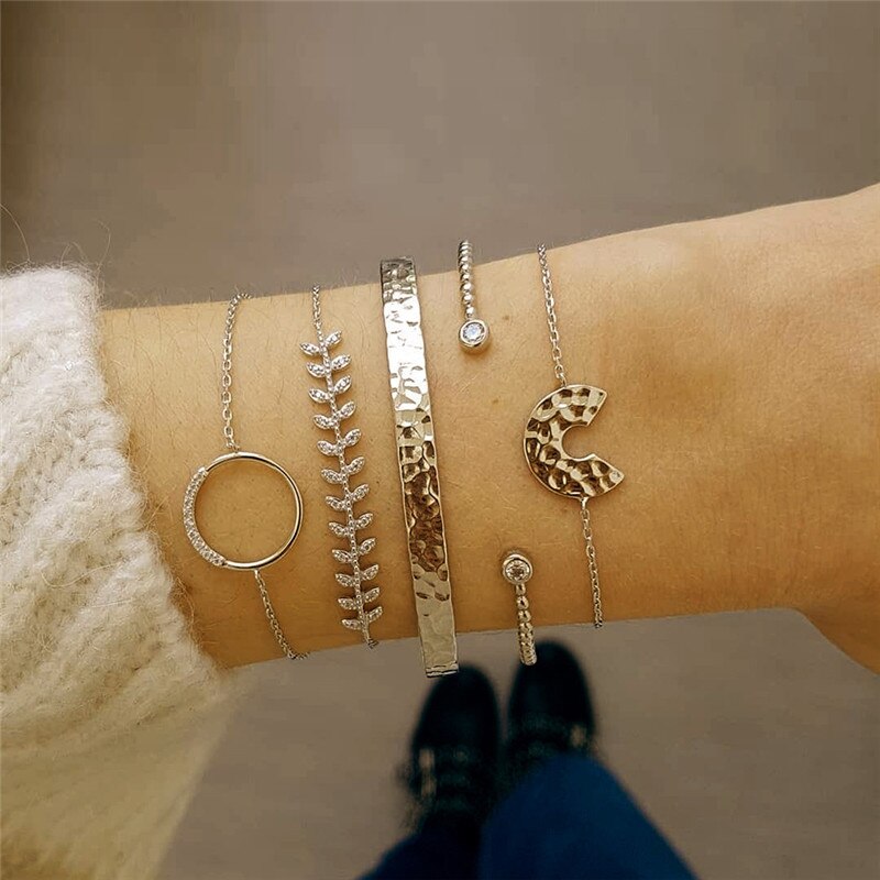 WUKALO Charm 4 stks/set Damesmode Kristal Cirkel Blad Ketting Gouden Kleur Gesimuleerde Parel Armband Set Party Bruiloft Sieraden
