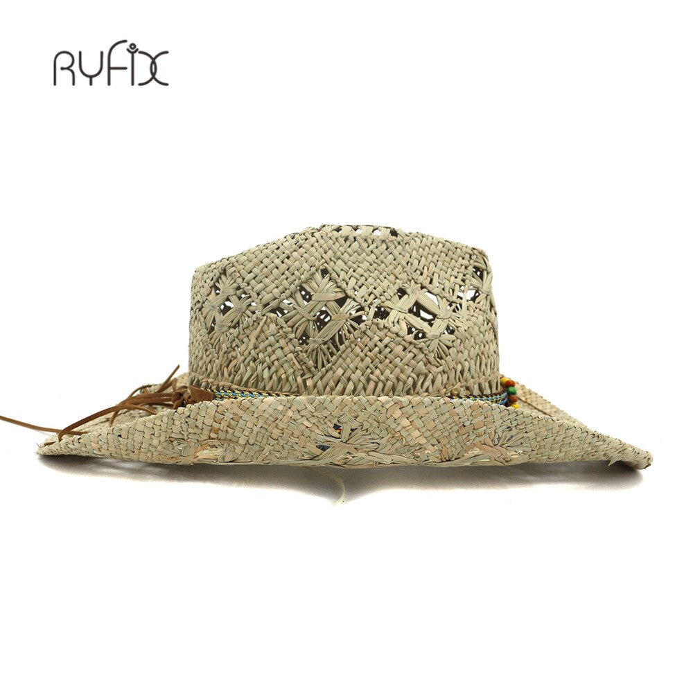 Retro Women Men's Hollow-out Baking Paint Cowboy Western Summer Straw Cowgirl Sun Hat Turquoise Pendant Wood Bead HA191