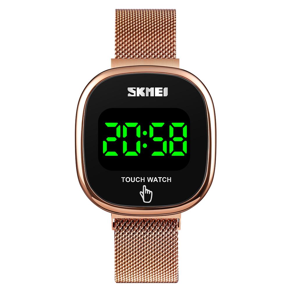 Eenvoudige Led Digitale Horloge Vrouwen Horloges Horloges Touch Screen Rvs Mesh Skmei Montre Homme: Rose Gold