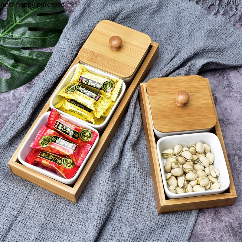 Dried Fruit Box Japanese-style Ceramics Snack Platter Candy Storage Box with Cover Home Nut Dim Sum Plate Bamboo Tray