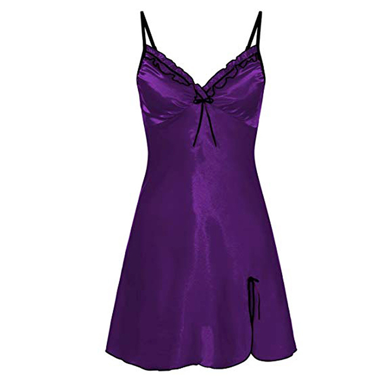 Dames nachtkleding met kanten bandjes, sexy nachtjurk met v-hals, sexy nachtjurk met vetersluiting en bloemenuitsnijding, zijdezachte, comfortabele nachtkleding: S / Bruin