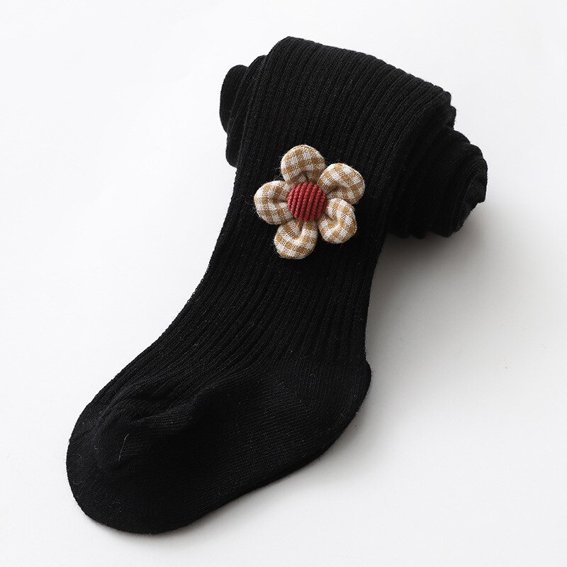 Meias-calças estampadas de flores para bebês, meias-calças justas de algodão para meninas de 0 a 3 anos, outono e inverno: Black / 0 to 1 year