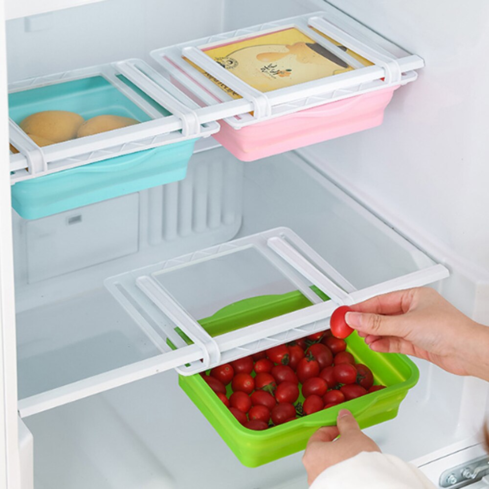 Mutfak meyve yumurta organizatör depolama raf çekmece kutusu katlanır asılı saklama kutusu buzdolabı dondurucu raf tutucu Space Saver