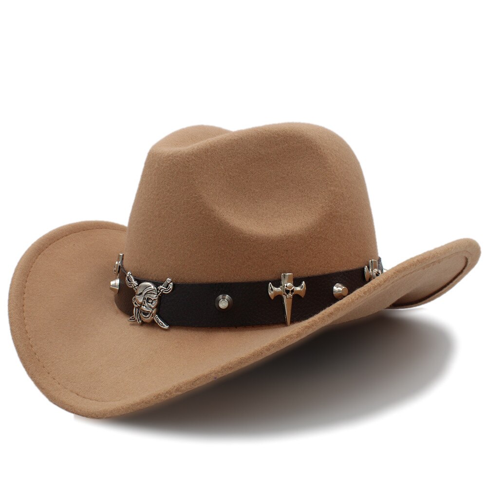 Kvinder mænd uld hule vestlige cowboy hat pirat læder bælte herre far jazz ridning sombrero hombre cap størrelse 56-58cm: Khaki