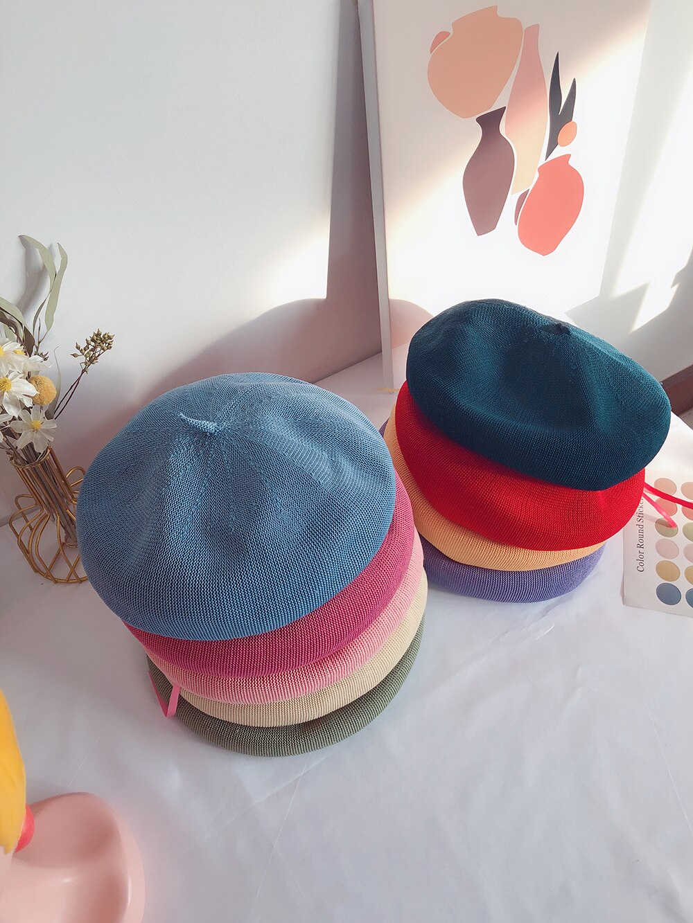 Simple light version 18-color women's beret hat spring and summer thin linen texture painter hat girl beanie hat