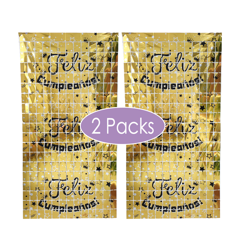 2 Packs Spanish Happy Birthday Foil Curtains Birthday Party Backdrop Decorations Feliz Cumpleanos Birthday Decor Background: black
