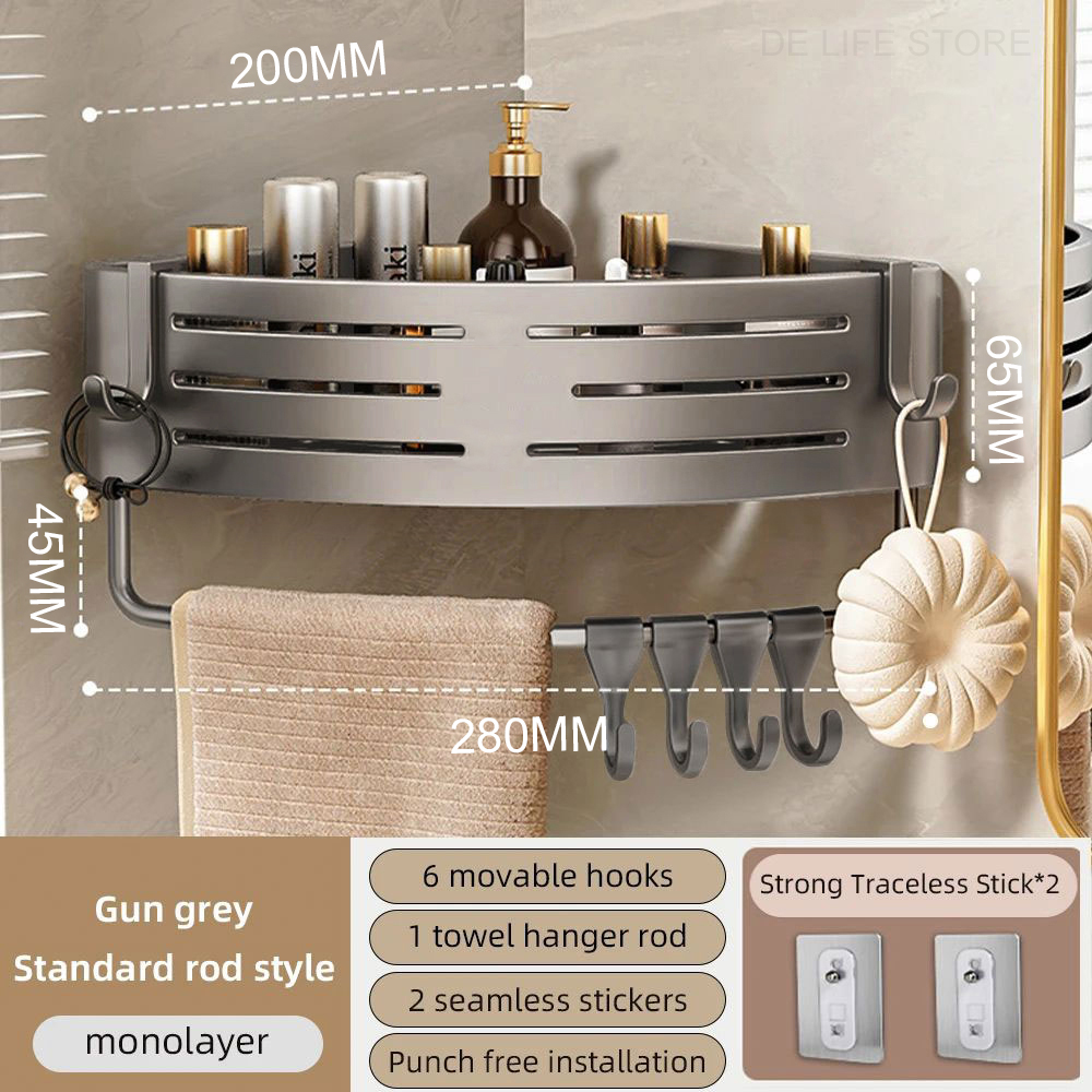 1-2PCS Badezimmer Eckregal mit Kunststoff Haken Handtuchhalter Kein Bohrenraum Aluminium Dusche Lagerregal Badezimmer Organizer: Licht Gelb