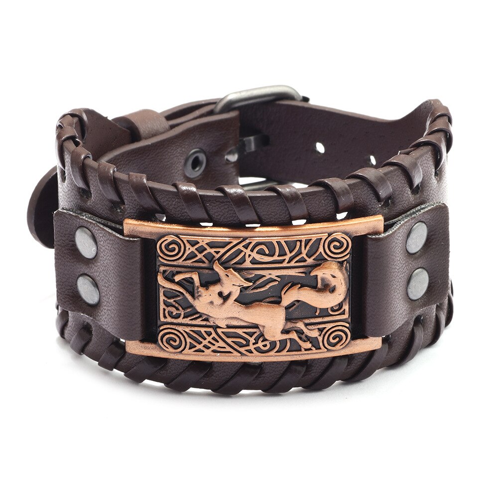 Pulsera de piel con brújula pirata para hombre, de tótem ancho, joyería vikinga celta, accesorios de pulsera, de: Chapado en cobre envejecido