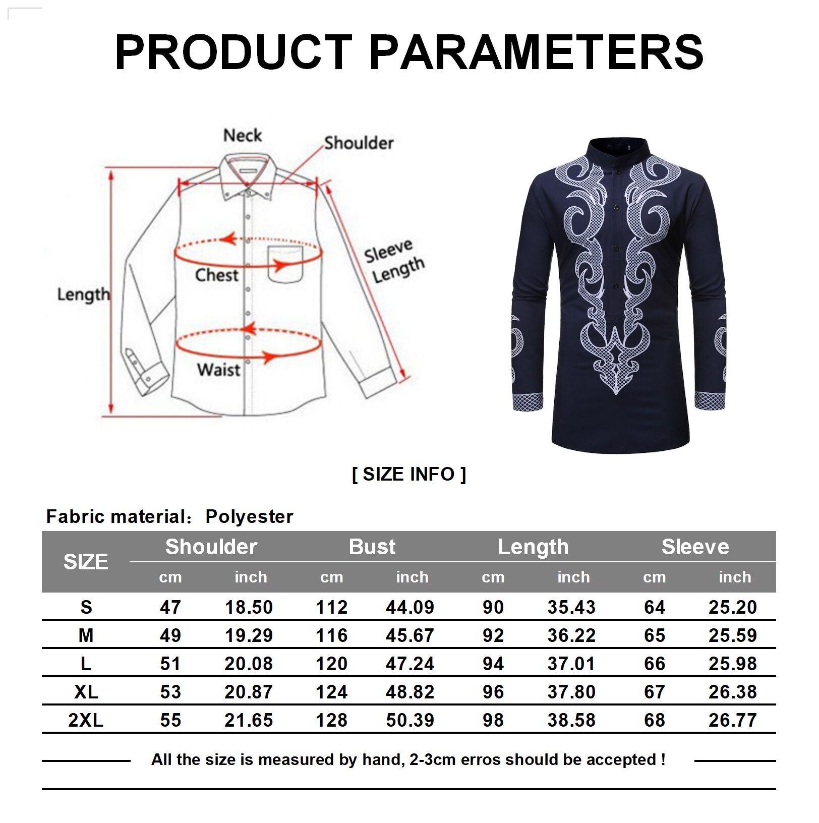 Herre Oversize Skjorte ZUZK - Lang Slim Fit Stå Krave Printet
