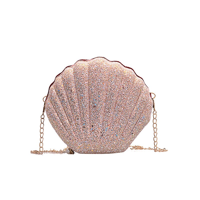 Chain Sequined Shoulder Bag for Women Pu Leather Handbags Cute Shell Shape Purse Mini Bag Bolsa Feminina Messenger Bag: Pink