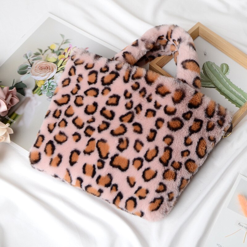 Leopardo impressão de pelúcia bolsa feminina na moda macio bolsa de ombro inverno quente correntes crossbody saco moda fofo menina bolsa de compras: lightpink leopard