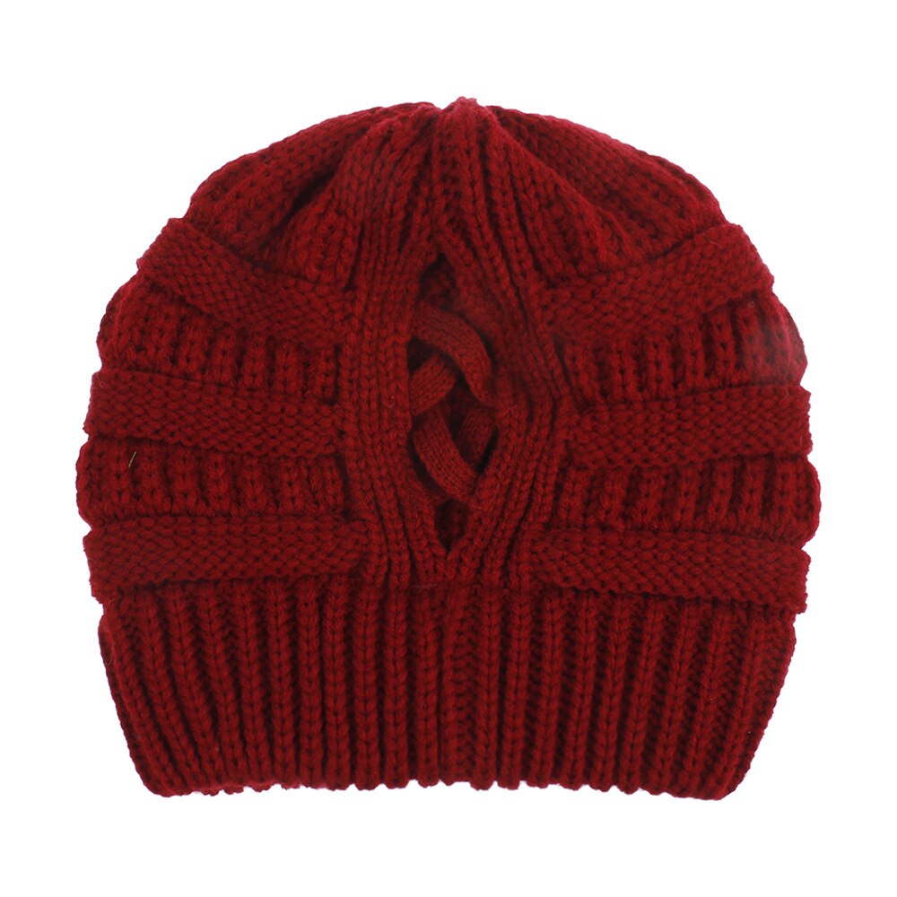Bonnet queue de cheval pour femme, en coton, doux et extensible, en tricot tête de mort: Dark Red