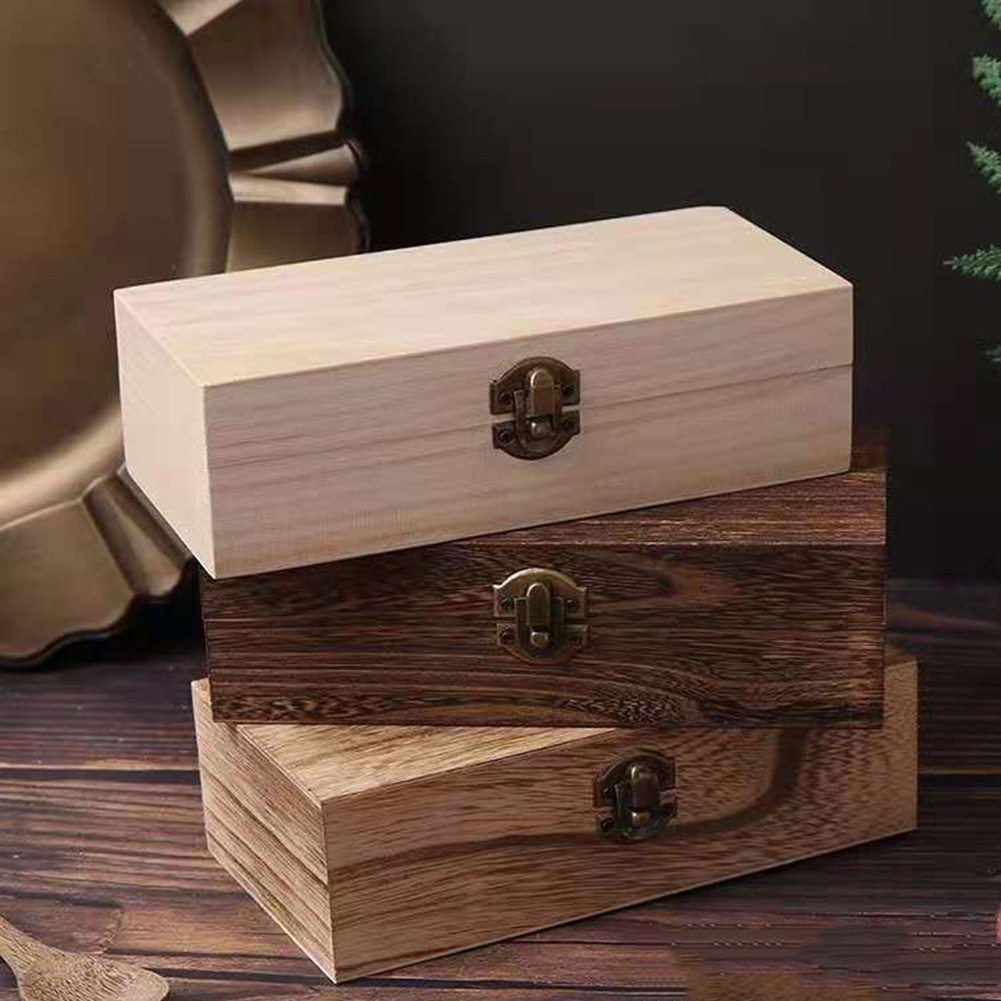 Retro Rectangular Wooden Storage Box Buckle Hinged Boxes Wooden Box Packing Jewelry Case Box Home Sundries Storage Box