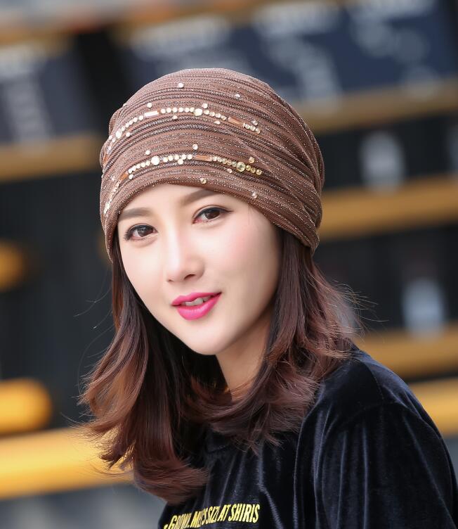 Lace Striped Rhinestones Beanie Hats For Women Casual Diamond Turban Bonnet Caps Female Thin Skullies E Gorros Mulheres: Brown