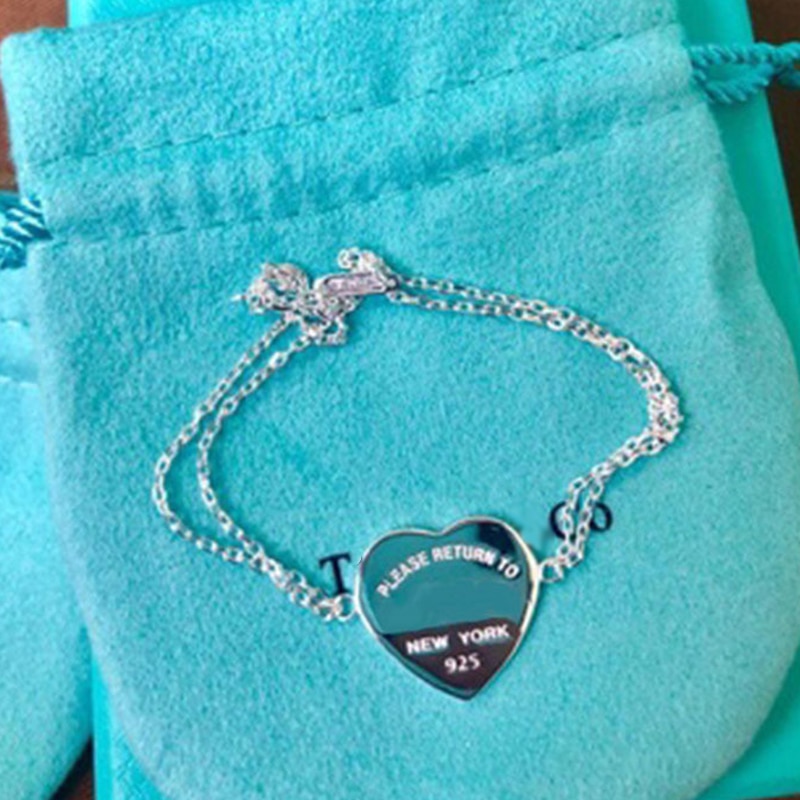 Classici gioielli in argento S925 a forma di cuore con bracciale Tag, amanti dolci romantici Love Card bracciali T regalo di festa "ritorno a" Logo