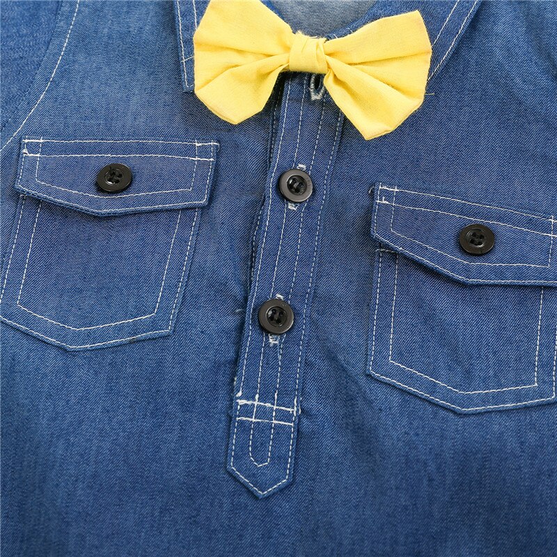 Baby Romper Kids Blauw Turn-Down Kraag Korte Mouwen Jumpsuit Bow-Tie Voor Zomer Baby Boy Kleding 0-24 Maanden