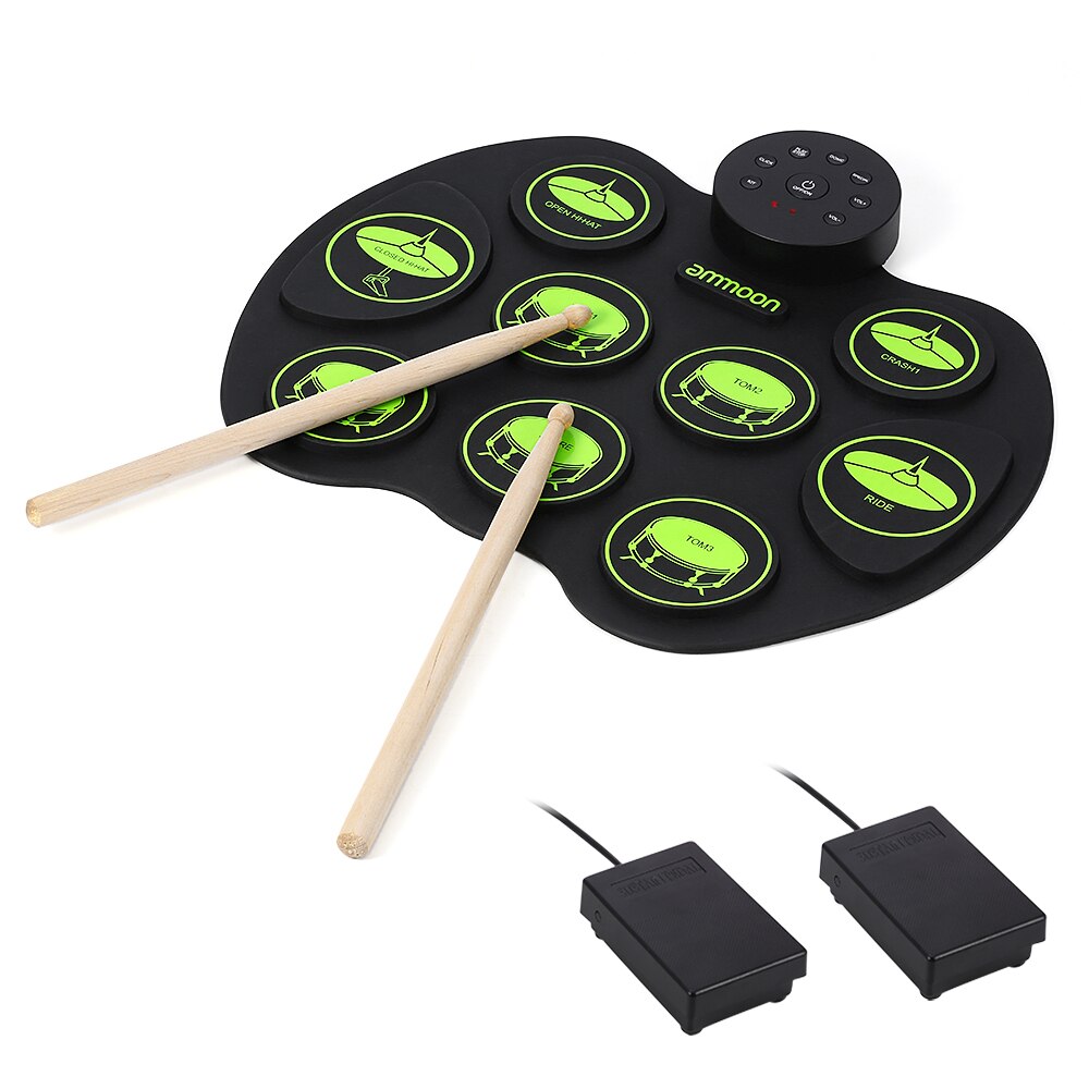 Portable Electronic Drum Set - ammoon Digital Roll-Up Touch Sensitive Practice Drum Kit 9 Drum Pads 2 Foot Pedals (No Speakers)