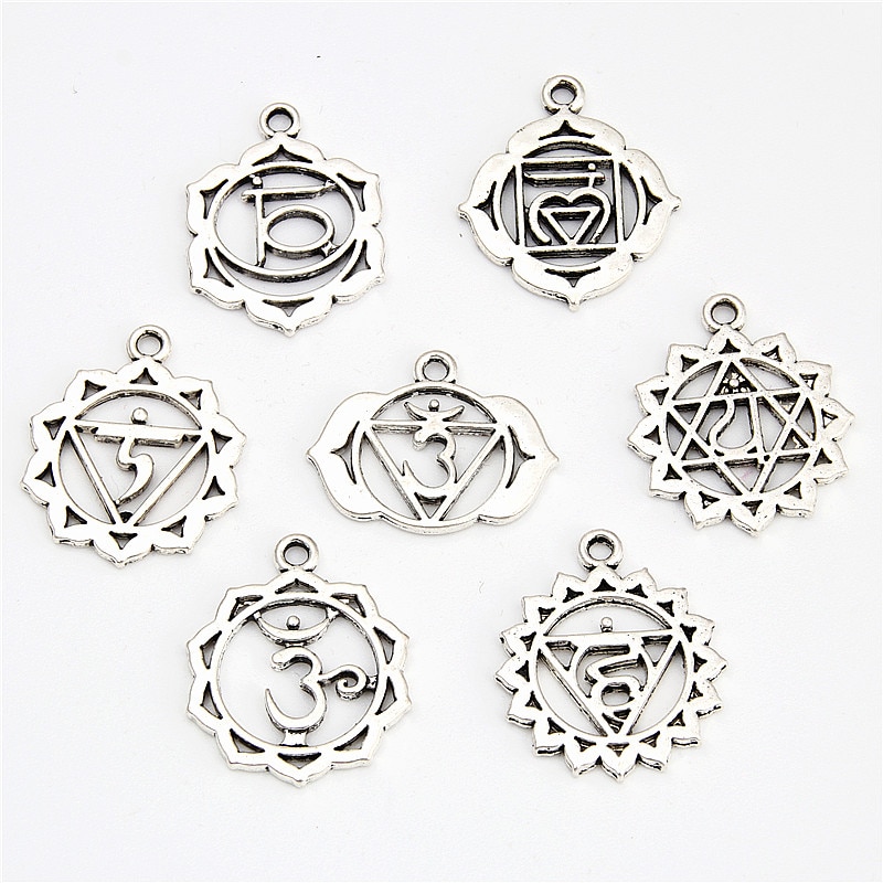 7Pcs Zilver Kleur 7 Chakra Bedels Mandala Hanger Yoga Om Boeddhistische Metalen Voor Sieraden Maken Levert