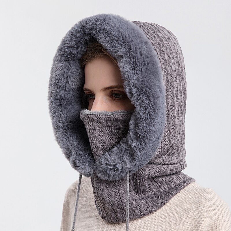 Talviturkis lippis maski setti hupullinen naisille neulottu kashmir kaula lämmin balaclava suksi tuulenpitävä hattu paksu pehmoinen pörröinen pipot huppu: Harmaa