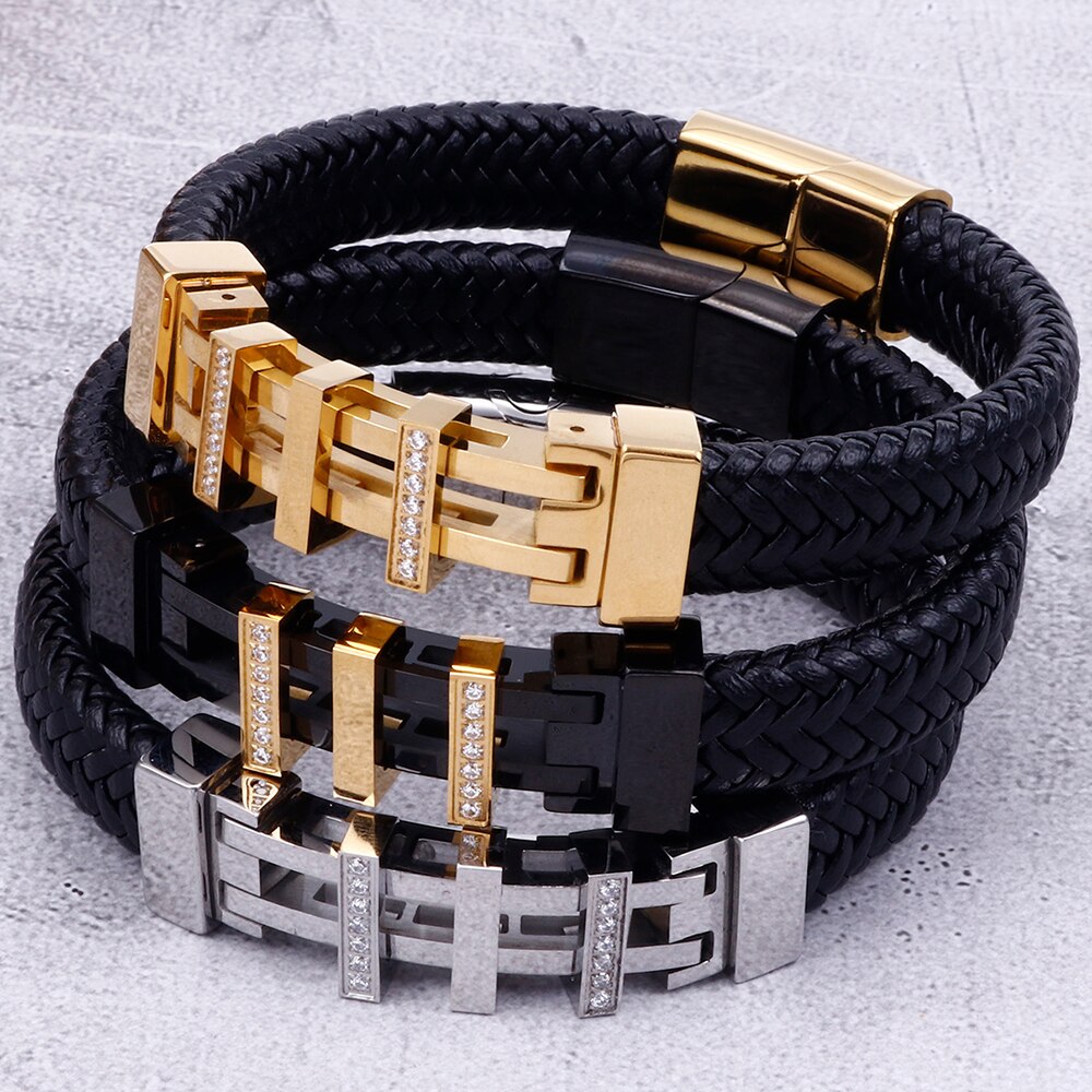 Seil Kette wickeln Leder Armbinde Männer Gold/Schwarz Edelstahl Herren Charme Armbänder Handgemachte Männlichen Schmuck Handgelenk Band männer