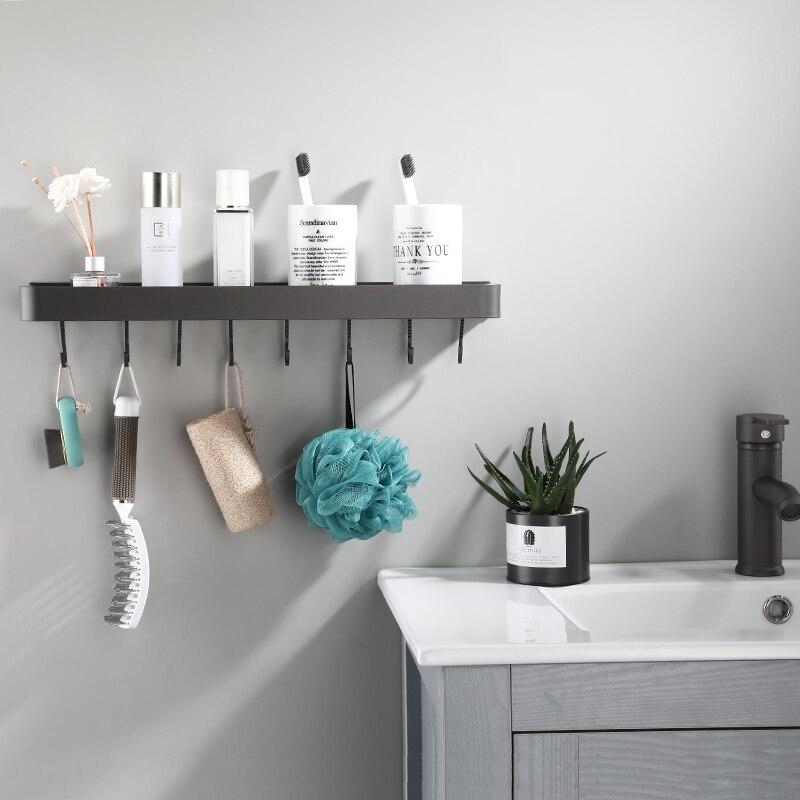 Bathroom Shelf Bath Shower Shelf with Hook Bar Bath Shampoo Holder Bathroom shelf Black Aluminum Kitchen Storage holder