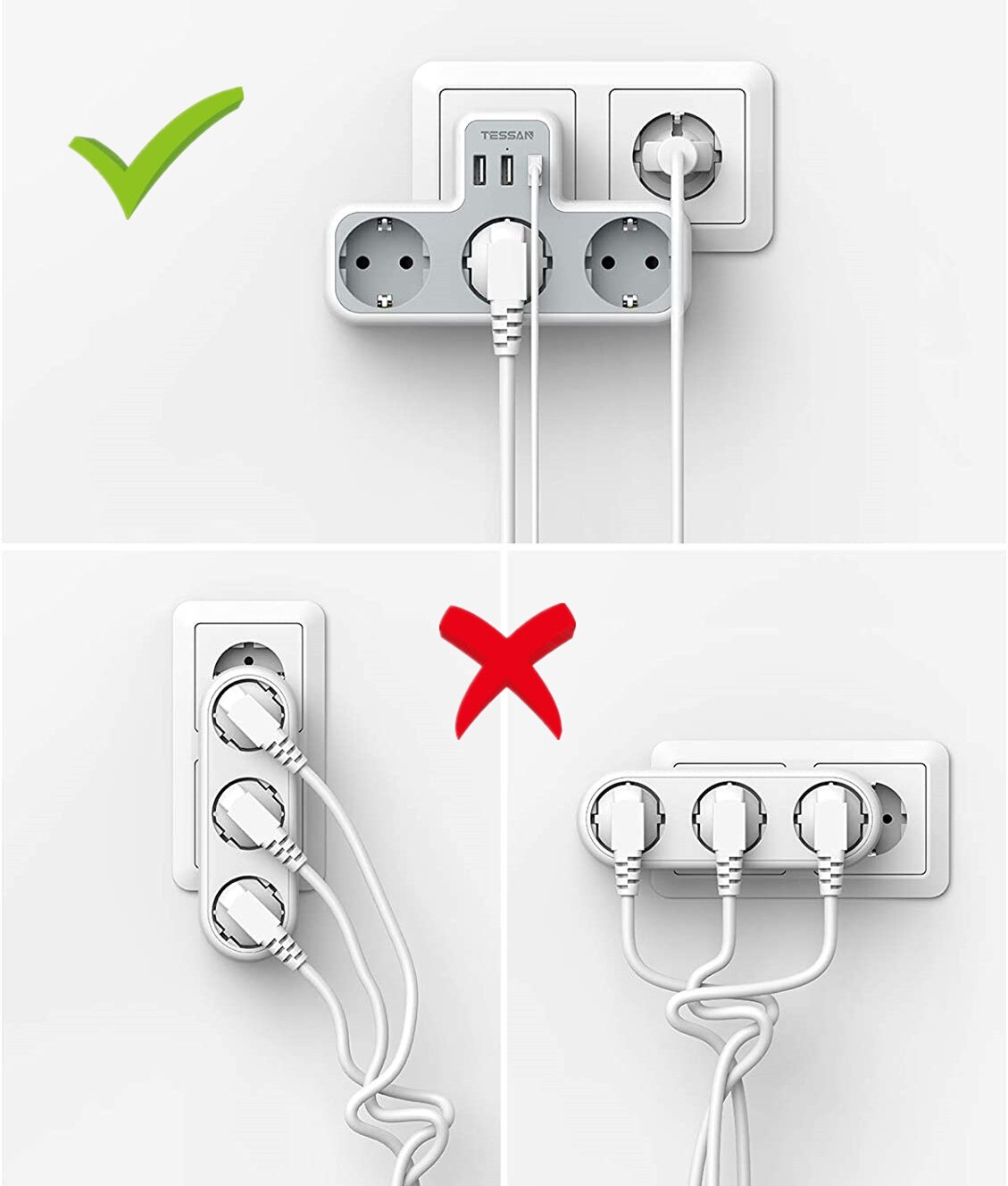 TESSAN EU Standard Plug Power Strip with 3 USB Charging Ports and 3 Outlets Multi Outlets Extender Wall USB Socket Plug Type-E/F