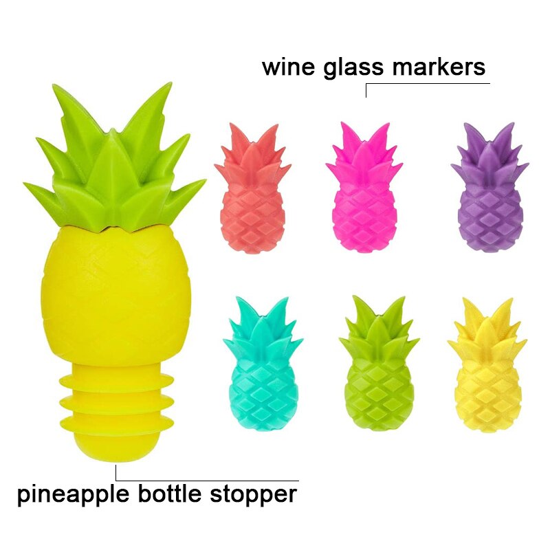 Siliconen Cactus Ananas Wijn Glazen Stop En Wijn Glas Markers Set Drank Fles Bedels Voor Wedding Party: 7PCS Pineapple Set