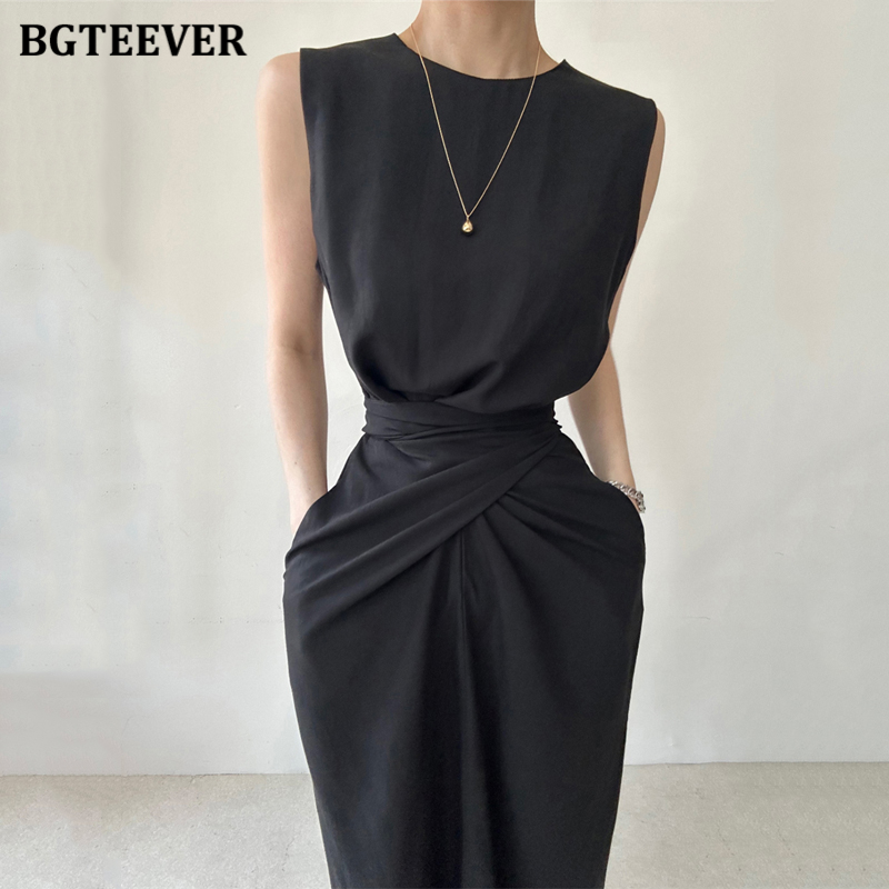 BGTEEVER Stylish O-neck Slim Waist Lace-up Female Bodycon Dress Summer Sleeveless Women Cotton Dress